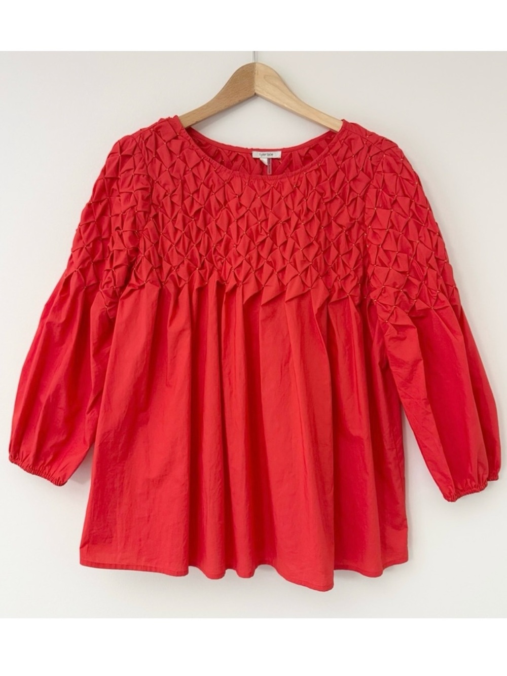 Tyler Böe Poppy Red Signature Smocked Honeycomb Yoke Peasant Blouse, Size S